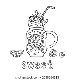 Hot drink with berries and whipped cream. Black and white vector illustration.