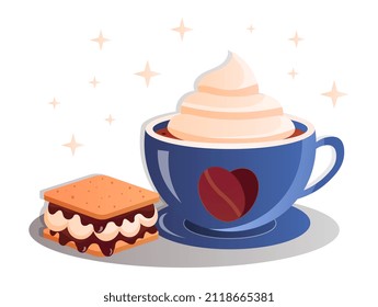 Hot drink with cake abstract concept. Colorful poster with coffee with cream, tiramisu and chocolate. Delicious sweet dessert. Design element for cafe poster. Cartoon realistic vector illustration