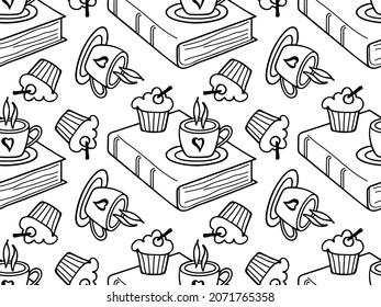 Hot drink, cake, book seamless pattern. Symbols of cozy evening. Sketch Vector illustration textile, wrapping paper, wallpaper, cover design. Black white repeated Design