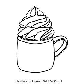 Taza de chocolate de bebida caliente con crema batida. Dibujado a mano estilo doodle dibujo en blanco y negro. Vector línea de arte ilustración taza de café lindo diseño. Temporada de invierno cálido menú de la barra de cacao