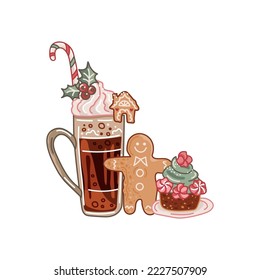 Hot drink with Christmas and New Year decor, gingerbread man and cupcake. Design element for winter holiday card, invitation, decor. Vector illustration.