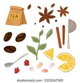 Hot drink. Coffee beans. Tea bag. Leaves and anise. Lemon piece. Aroma additives. Cinnamon and raspberry. Stevia sweetener. Sieve and spoon for beverage preparation