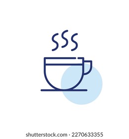 Hot drink in a coffee mug with saucer. Drinks menu in coffee shop, restaurant. Pixel perfect, editable stroke line icon