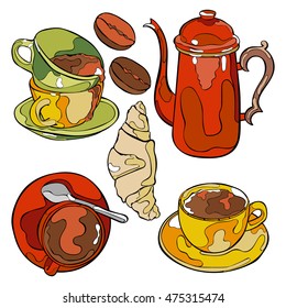 Hot drink. Coffee pot and coffee cup. Isolated vector objects on white background.
