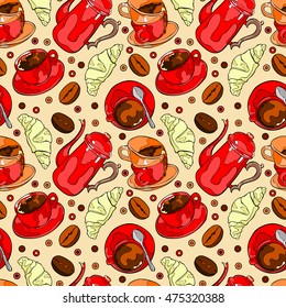 Hot drink. Coffee pot and coffee cup. Seamless vector pattern (background).