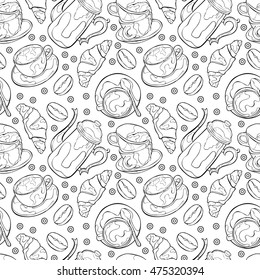Hot drink. Coffee pot and coffee cup. Seamless vector pattern (background).