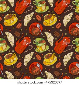 Hot drink. Coffee pot and coffee cup. Seamless vector pattern (background).