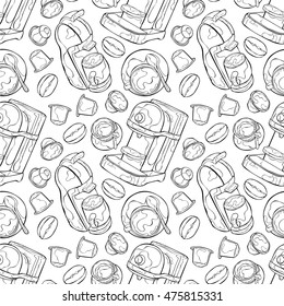 Bebida caliente. Café y taza de café. Patrón vectorial sin soldadura (fondo).