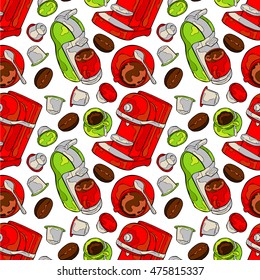 Hot drink. Coffee pot and coffee cup. Seamless vector pattern (background).