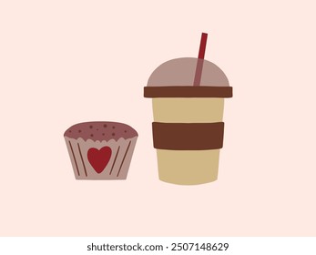 Hot drink. Coffee, tea in paper cup. Cupcake, sweets, muffin. Vector illustration. Coffee shop logo