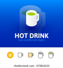 Hot drink color icon, vector symbol in flat, outline and isometric style isolated on blur background