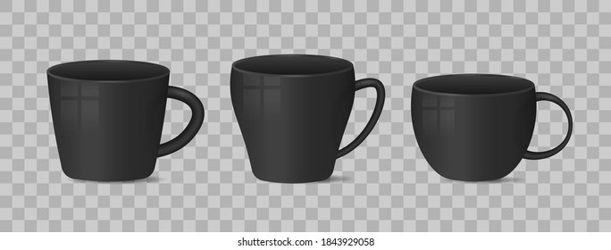 Hot drink container cup collection with shiny surface. Realistic blank white and black coffee mug cups on transparent background. Realistic 3D style. Templates for mock up. Vector illustration, eps 10