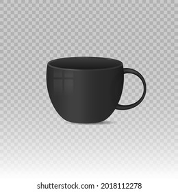 Hot drink container cup collection with shiny surface. Realistic blank white and black coffee mug cups. Mockup classic porcelain utensils isolated on transparent background. Vector illustration.