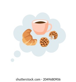 Hot drink Cup of cocoa or coffee with delicious croissant and chocolate cookies on speach bubble. Traditional breakfast Food vector illustration in flat style for cafe sign, menu.