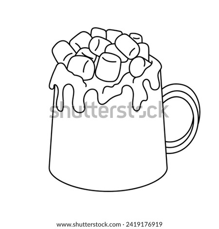 Hot drink, cup of cocoa with marshmallows. Dessert, sweets. Coloring page, icon, black and white vector illustration.