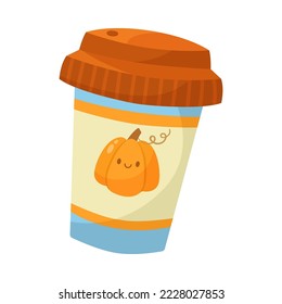 Hot drink in cup with cute pumpkin character illustration. Cartoon drawings of cup of hot latte or coffee isolated on white background. Halloween, fall, beverage concept