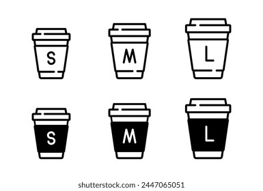 Conjunto de iconos de tamaño de taza de bebida caliente. S, M, L tamaño café. Quita la Ilustración vectorial. Señales de menú de cafeterías aisladas. Símbolo de copa para su diseño de Sitio web, logotipo, App, interfaz de usuario, menú de barra, negocios y publicidad.