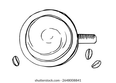Hot drink cup sketch with coffee beans, Cup of coffee and coffee beans top view, black-white sign. Cappuccino in cup. Drinks Advertising for cafe menu, party, coffee shop flyer, beverage template.