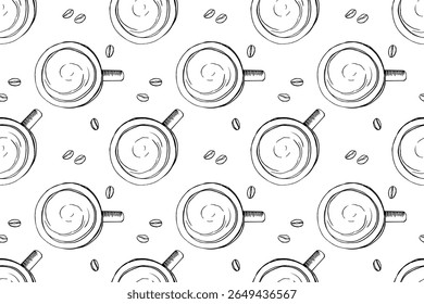 Hot drink cup sketch with coffee beans, Cup of coffee and coffee beans top view, black-white sign. Cappuccino in cup. Drinks Advertising for cafe menu, party, coffee shop flyer, beverage template.