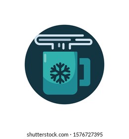 Hot drink cup with snowflake flat icon. Round colorful button, circular vector sign. Christmas mug with hot drink flat style design