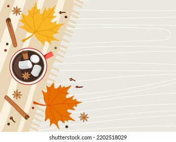 Hot drink cup standing on napkin with red autumn leaves. Hot Chocolate or coffee with marshmallow, cinnamon, anise and leaves. Autumn flat Vector illustration in flat style with copy space.