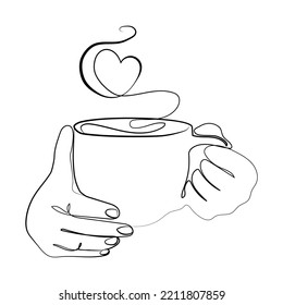 Hot drink cup with steam heart shape in hands, logo,emblem,fashion print template,Line drawing in Minimalist style vector illustration.Hands with a cup of tea or fragrant coffee sketch drawing