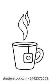 Heißes Getränk in Tasse mit Teebeutel Malbuch. Schwarz-Weiß-Tasse. Färbe mich. Isolierte Vektor-Illustration eps
