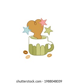 Hot drink cup. Tea. Coffee mug. Coffee beans. Stars. Cartoon art. Isolated vector object on white background. 