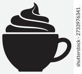 Hot drink cup with whipped cream topping black icon isolated on transparent background coffee mug silhouette