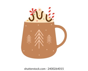 Hot drink in cup. Winter cozy warm drink in mug. Christmas vector illustration