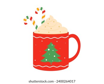Hot drink in cup. Winter cozy warm drink in mug. Christmas vector illustration