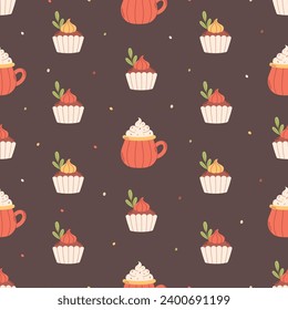 Hot drink and cupcakes seamless pattern. Autumn seamless pattern. Vector illustration in flat style
