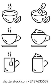 Hot drink cups icon set. Matcha latte and whisk, coffee cup with foam, tea, cocoa with cream thin isolated icons.