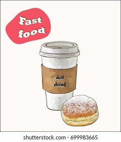 hot drink with dounut vector set on white background