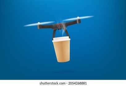 Hot drink fast delivery service by drones. Flying modern copter with coffee