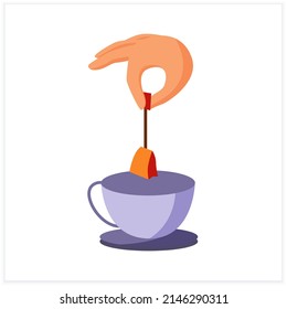  Hot drink flat icon. Hand putting tea bag in teacup. Tea party. Tea and coffee preparation concept. Color vector illustration