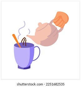  Hot drink flat icon. Hand keep a hot kettle and pour water into a nice cup. Tea and coffee preparation concept. Color vector illustration
