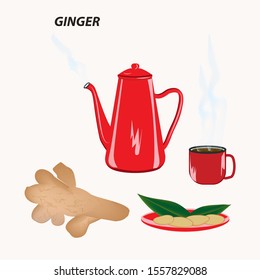Hot drink from ginger root - teapot and mug with steam, sliced - isolated on a light background - vector. Medicine. Useful plants.