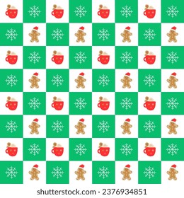 hot drink with gingerbread and snowflake on green white christmas pattern background