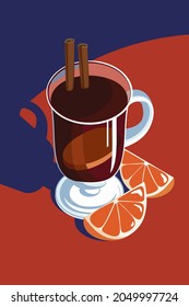 Hot drink in glass, cinnamon,  orange slices. Vector illustration of  for greeting card, invitation, banner and poster

