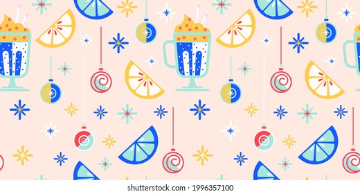 Hot drink in glass with cream and cinnamon, slice of orange and christmas toy balls. Seamless pattern with seasonal treat. Wallpaper, fabric and textile design with cocktail. Vector stock illustration