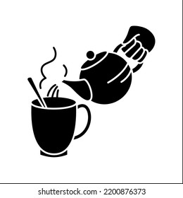  Hot Drink Glyph Icon. Hand Keep A Hot Kettle And Pour Water Into A Nice Cup. Tea And Coffee Preparation Concept. Filled Flat Sign. Isolated Silhouette Vector Illustration