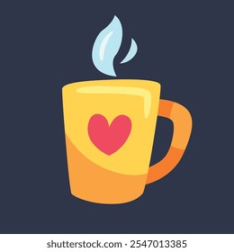 Taza de oro de la bebida caliente con el diseño plano del Vector del Iniciar sesión del amor.