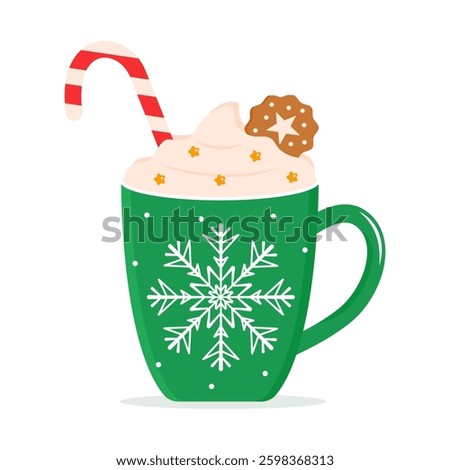 Hot drink in a green cup. Hot winter drink in a cup with cream and sweets. Vector illustration for Christmas or winter design