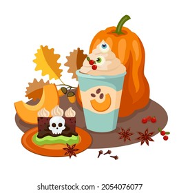 Hot drink with Halloween cake. Coffee with eyeball ornaments. Pumpkin, acorns, cranberries, badian, cloves. Happy Halloween, scary goodies. Vector flat illustration, cartoon style.