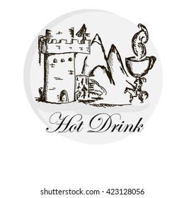 Hot drink hand drawn sketch print funny vector illustration