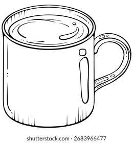 Bebida caliente en una taza de cerámica o metal. Acogedor momento de té o café. Ilustración vectorial en estilo de boceto dibujado a mano. Arte de línea aislado en blanco para colorear libro, impresión