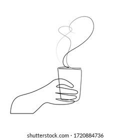 Hot drink with heart shape aroma steam in human hand. Continuous line art drawing style. Minimalist black linear sketch isolated on white background. Vector illustration