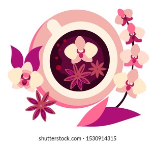 Hot drink. Herbal tea. Floral vanilla tea in cartoon style. Vector illustration of hot flower beverage decorated with orchid and cinnamon