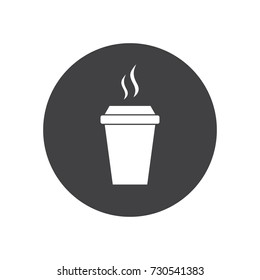 Hot drink icon in black and white design placed in a circle. Isolated illustration of a hot drink paper cup with steam.